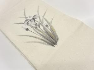 日吉祥作　ひげ紬金彩手描き菖蒲模様開き名古屋帯（額縁仕立て）